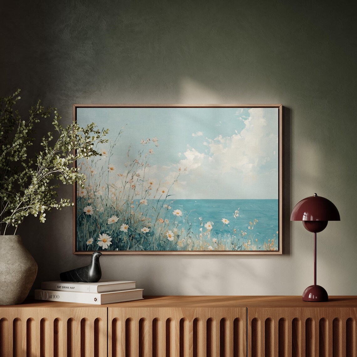 White Daisies on Coastal Cliff Azure Ocean Sky Floral Painting Poster - Image 5