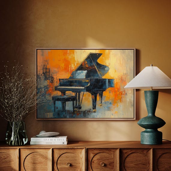 Vintage Grand Piano Art Bold Brush Stroke In Blue And Orange Elegant Music Room Decor For Piano Lovers Artistic Wall Art