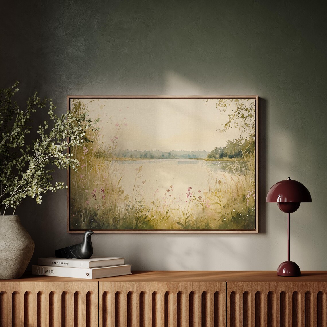 Serene Watercolor Lake Landscape with Wildflower Meadow Poster