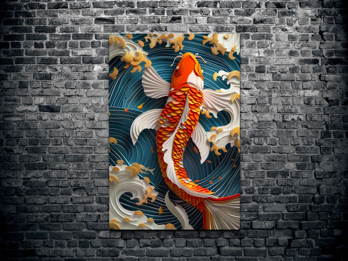 Orange Koi Fish Blue Ocean Waves Gold Clouds Japanese Poster - Image 2
