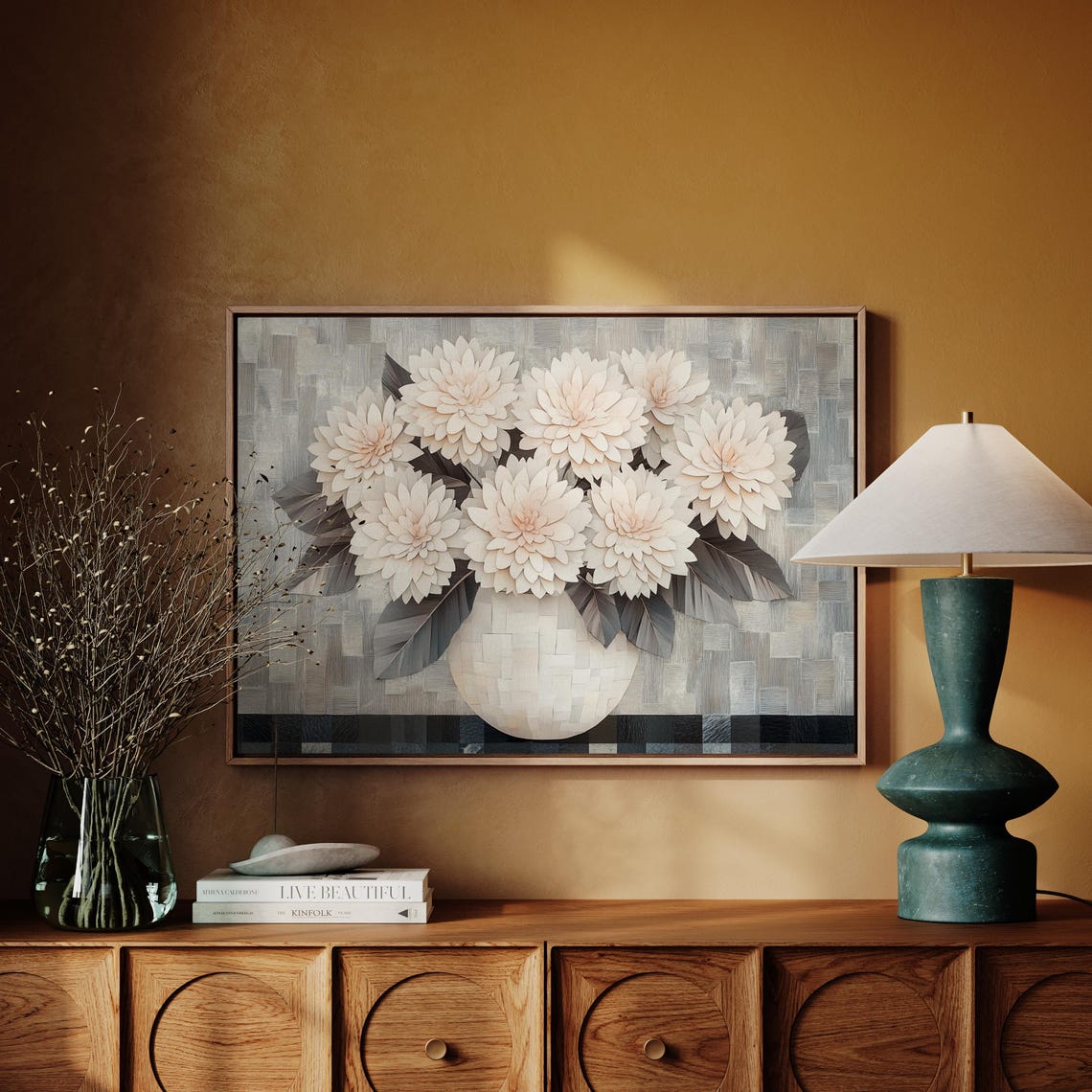 Soft Beige Dahlia Bouquet Neutral Floral Vase Canvas Style Wall Poster