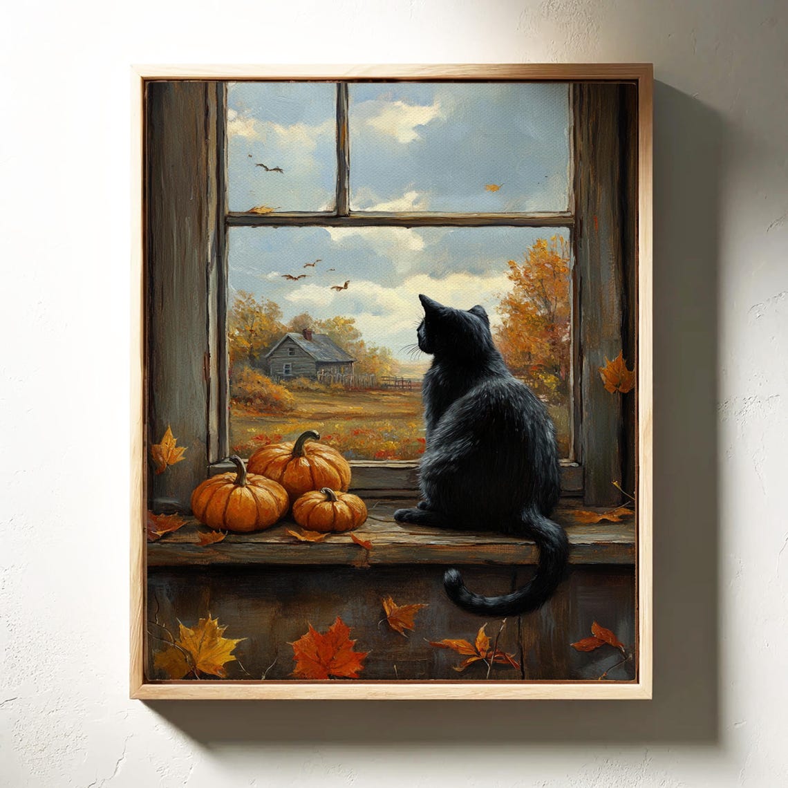 Autumn Black Cat and Pumpkins Rustic Window Scene Fall Poster - Image 7