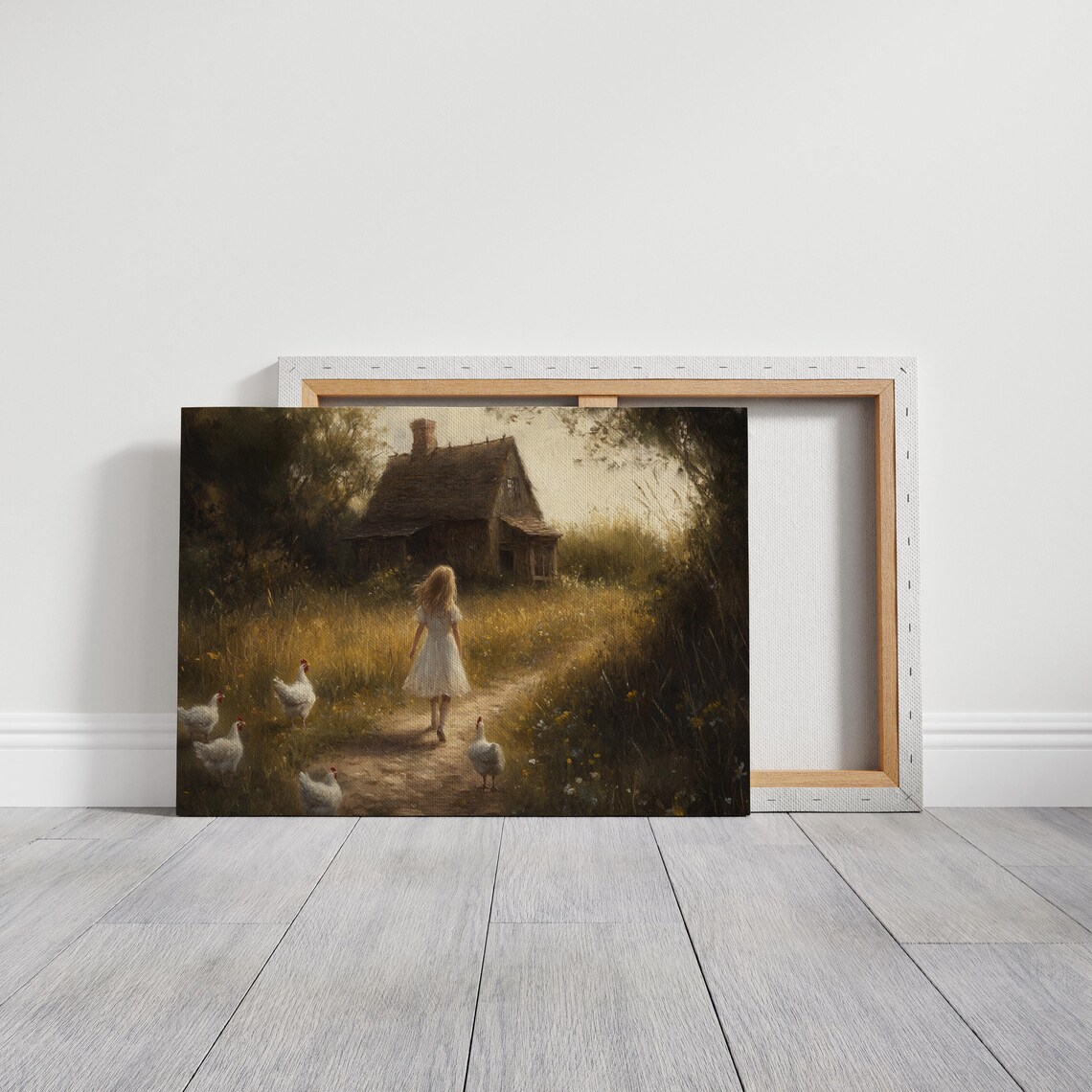 Girl in White Dress Walking with Chickens at Dusk Moody Farm Poster - Image 3