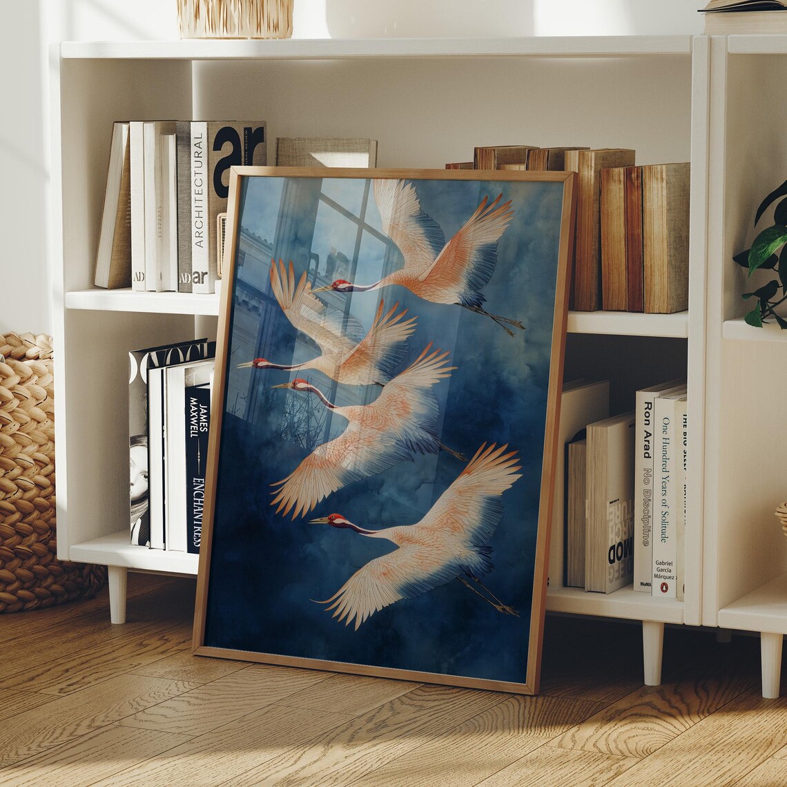 Red Crowned Cranes in Azure Flight Watercolor Flock of Birds Poster