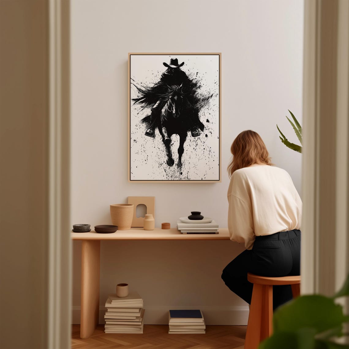 Shadow Cowboy Riding Toward Viewer Bold Black Ink Western Poster - Image 5