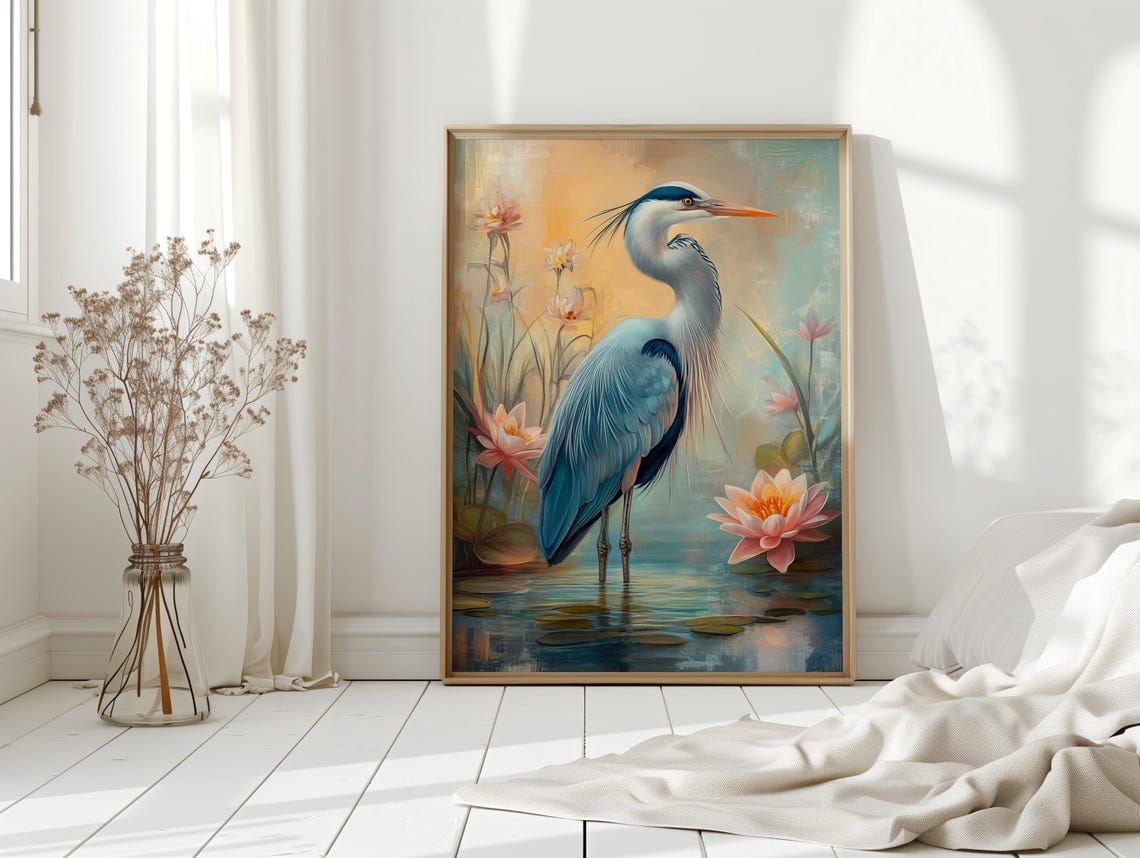 Blue Heron Among Pink Water Lilies Elegant Pond Bird Art Poster