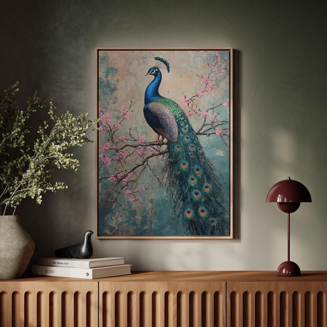Majestic Peacock Cherry Blossom Branch Vintage Textured Art Poster - Image 7