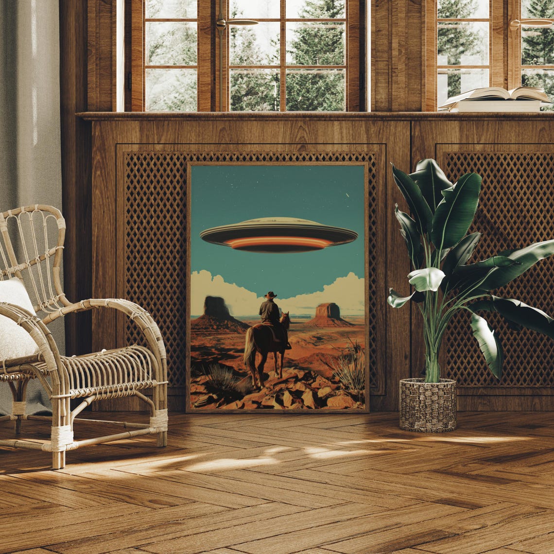 Cowboy Meets a UFO Over Red Desert Mesas Retro Sci Fi Poster