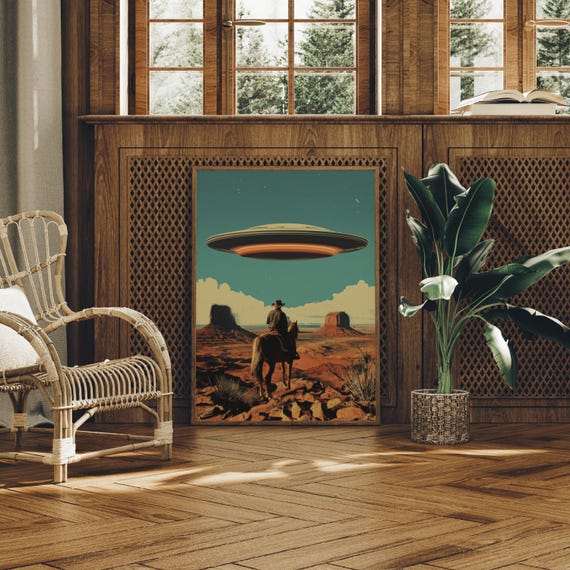 Cowboy And Ufo Over Desert Western Sci Fi Art