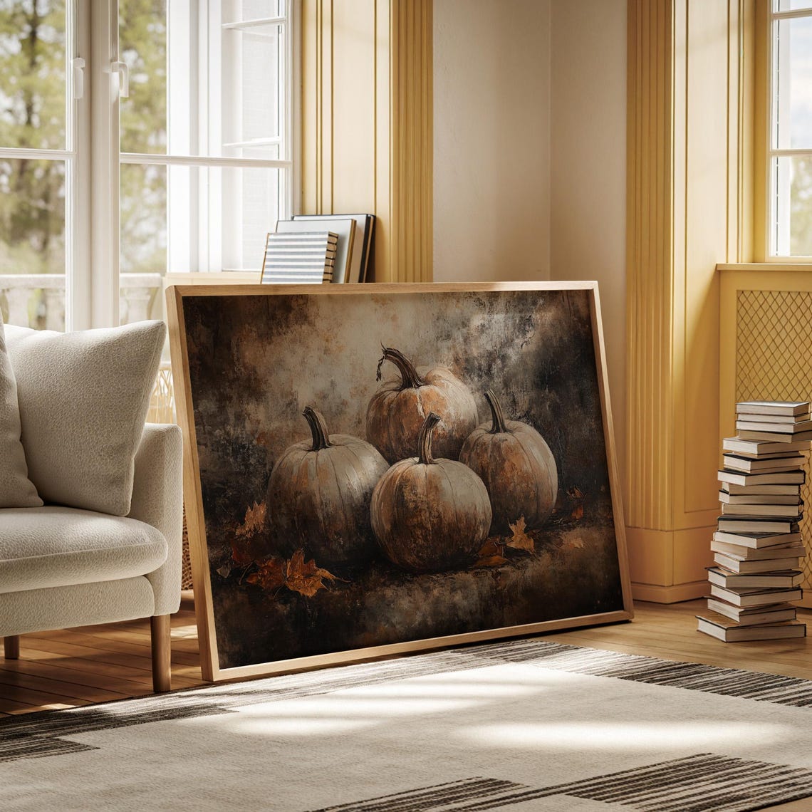 Moody Dark Pumpkin Still Life Dusky Fall Harvest Painting Poster