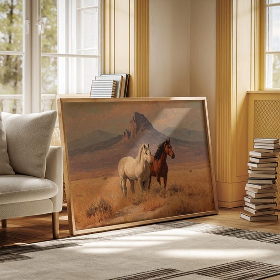 Wild Horses Canvas Wall Art Western Desert Landscape Painting With Two Mustangs In Front Of Mountain Rustic Cowboy Ranch Home Dcor