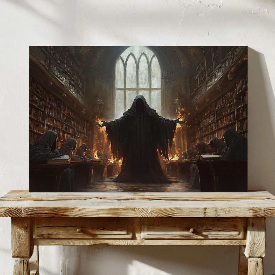 Dark Sorcerer In Gothic Library Hooded Figure Fantasy Wall Poster
