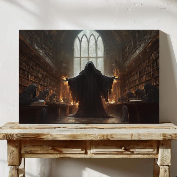 Dark Sorcerer In Gothic Library Mysterious Occult Fantasy Art Dramatic Dark Academia Wall Decor For Gothic Interiors