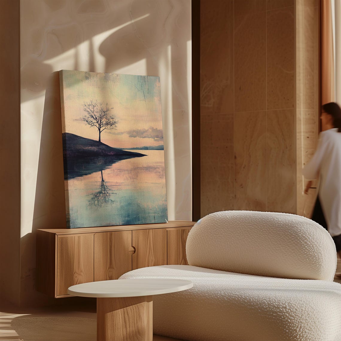 Lone Tree Lake Reflection Pastel Pink Sunset Serene Wall Poster - Image 3