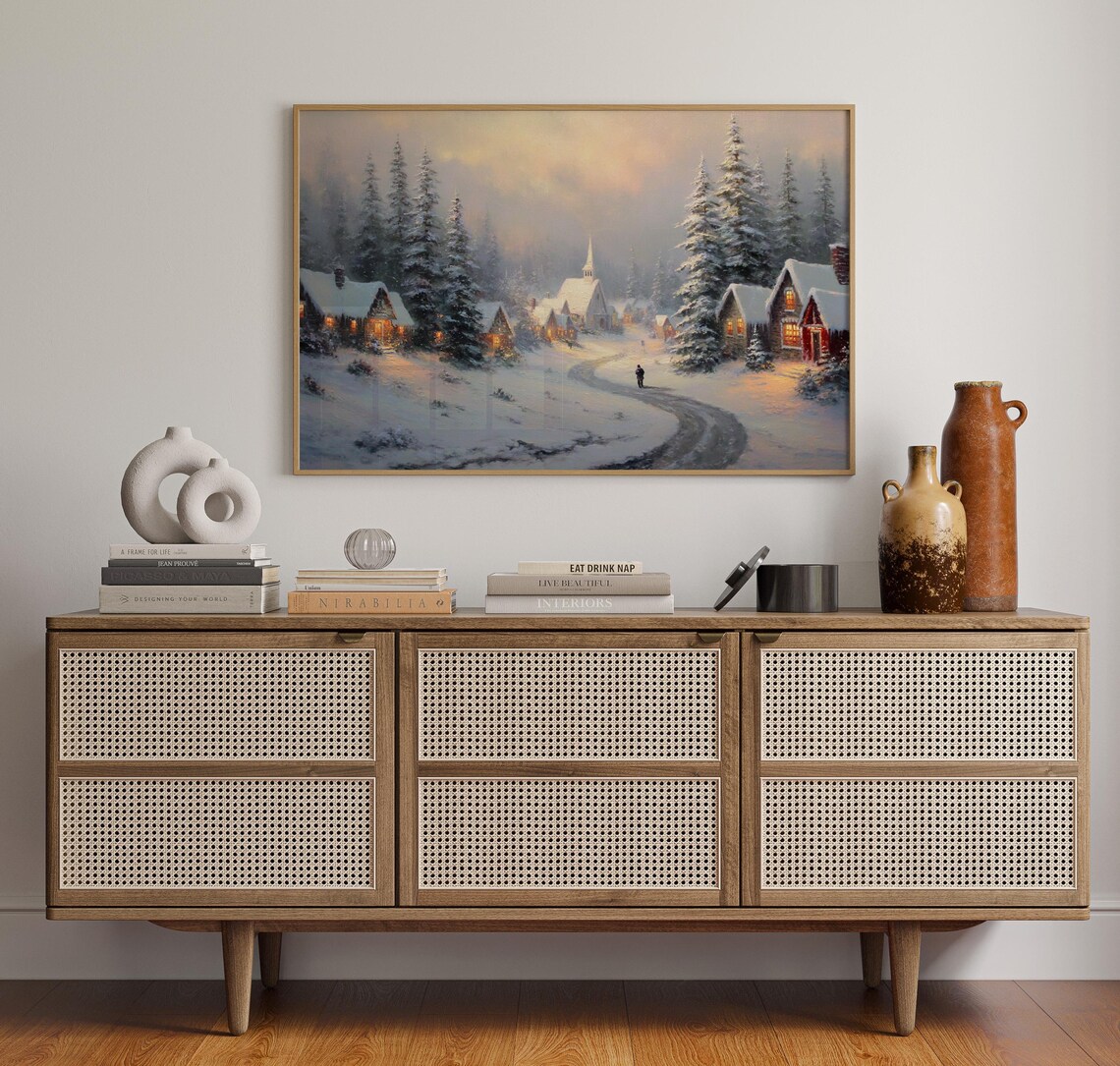 Snowy Christmas Village, Holiday Scene Art Print