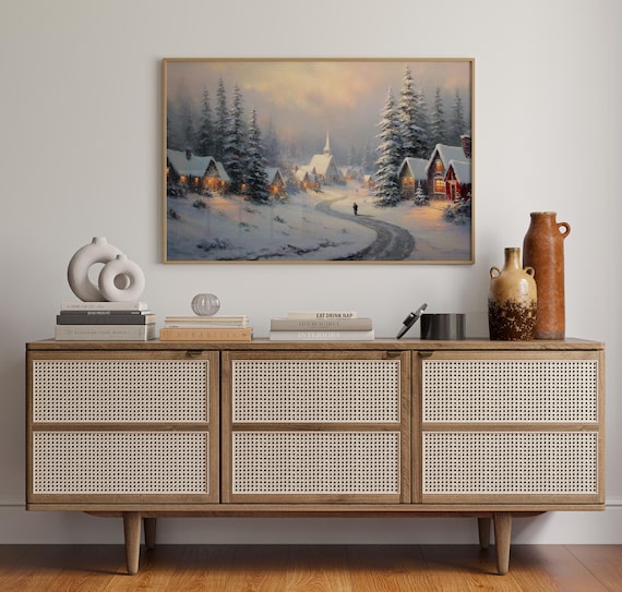 Snowy Christmas Village, Holiday Scene Art Print