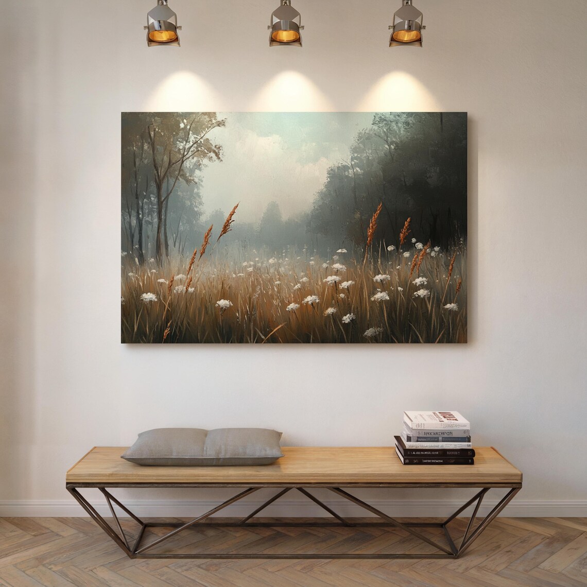 Misty Meadow Wildflowers Golden Grass Soft Foggy Morning Wall Art - Image 4