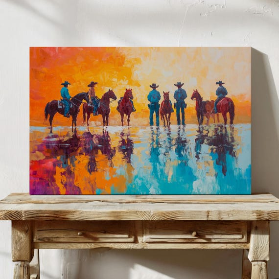 Sunset Cowboys Reflection Colorful Western Wall Art