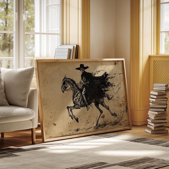 Skeleton Cowboy On Skeletal Horse Black Ink Dark Western Gothic Poster