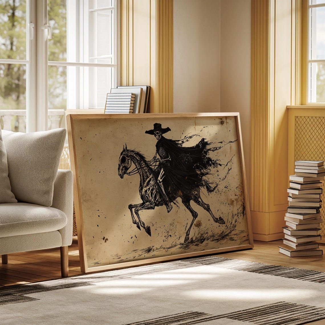 Skeleton Cowboy On Skeletal Horse Black Ink Dark Western Gothic Poster