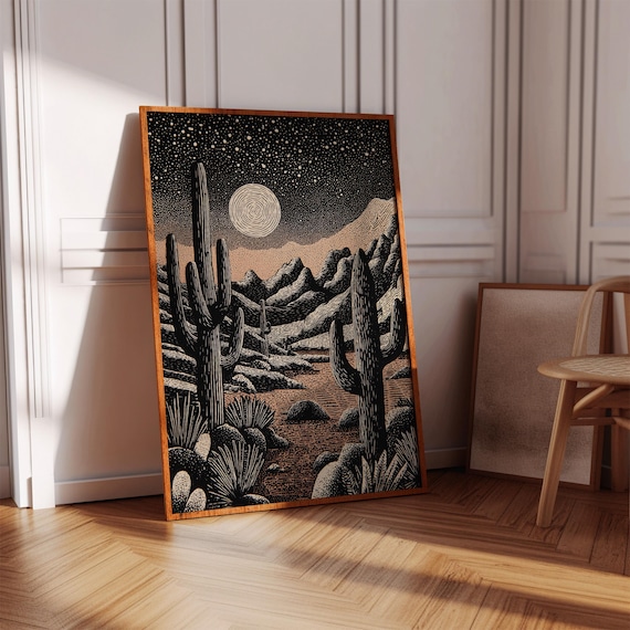 Desert Night Canvas Wall Art Southwestern Cactus And Mountain Landscape Under Starry Sky Rustic Western Artwork For Home Or Office Dcor