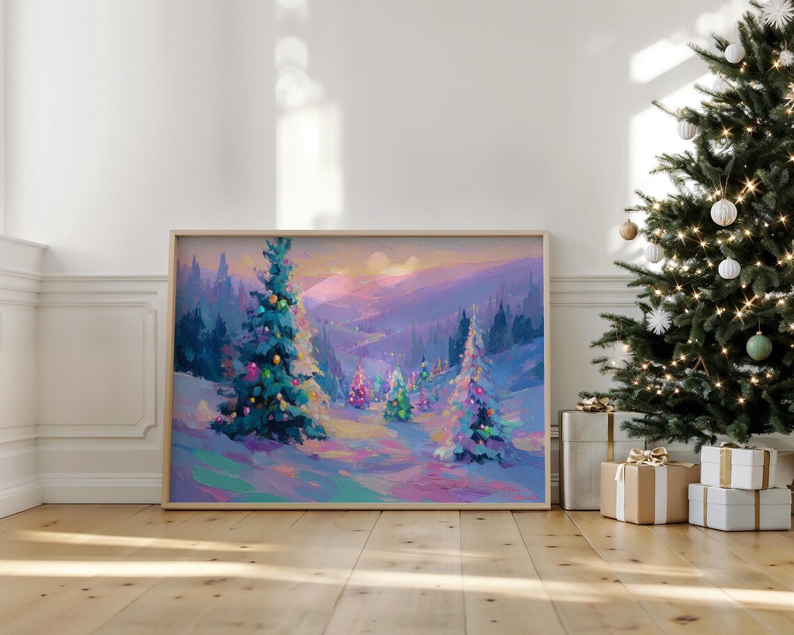 Colorful Christmas Trees Snowy Winter Landscape Pink Sunset Art Poster