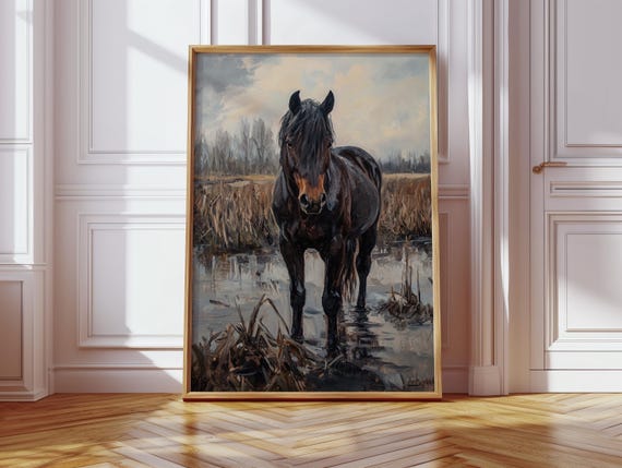 Majestic Black Horse Canvas Art Western Country Wall Decor With Realistic Oil Brush Detail In Moody Marsh Landscape Setting