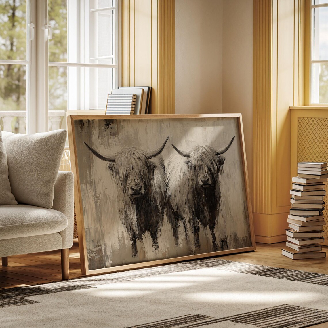 Highland Cows Pair Rustic Farmhouse Beige Oil Painting Poster - Image 7