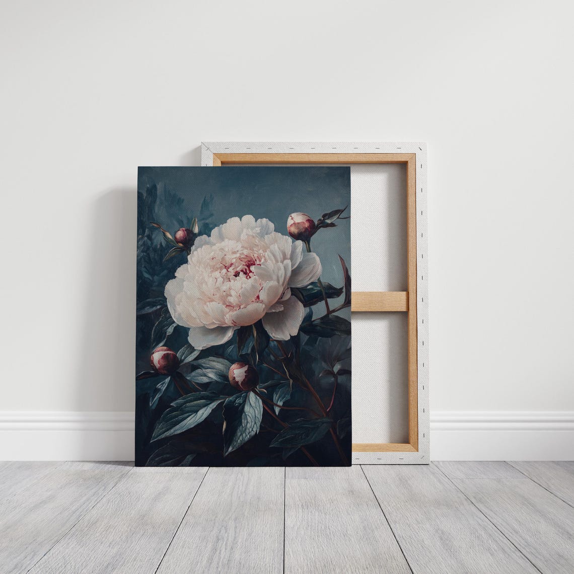 Elegant White Peony Bloom Vintage Botanical Dark Blue Wall Art - Image 2
