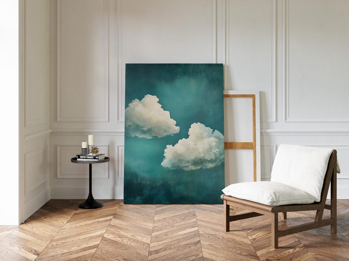 Minimalist Cloudscape Two White Clouds Deep Teal Sky Scene Poster - Image 4