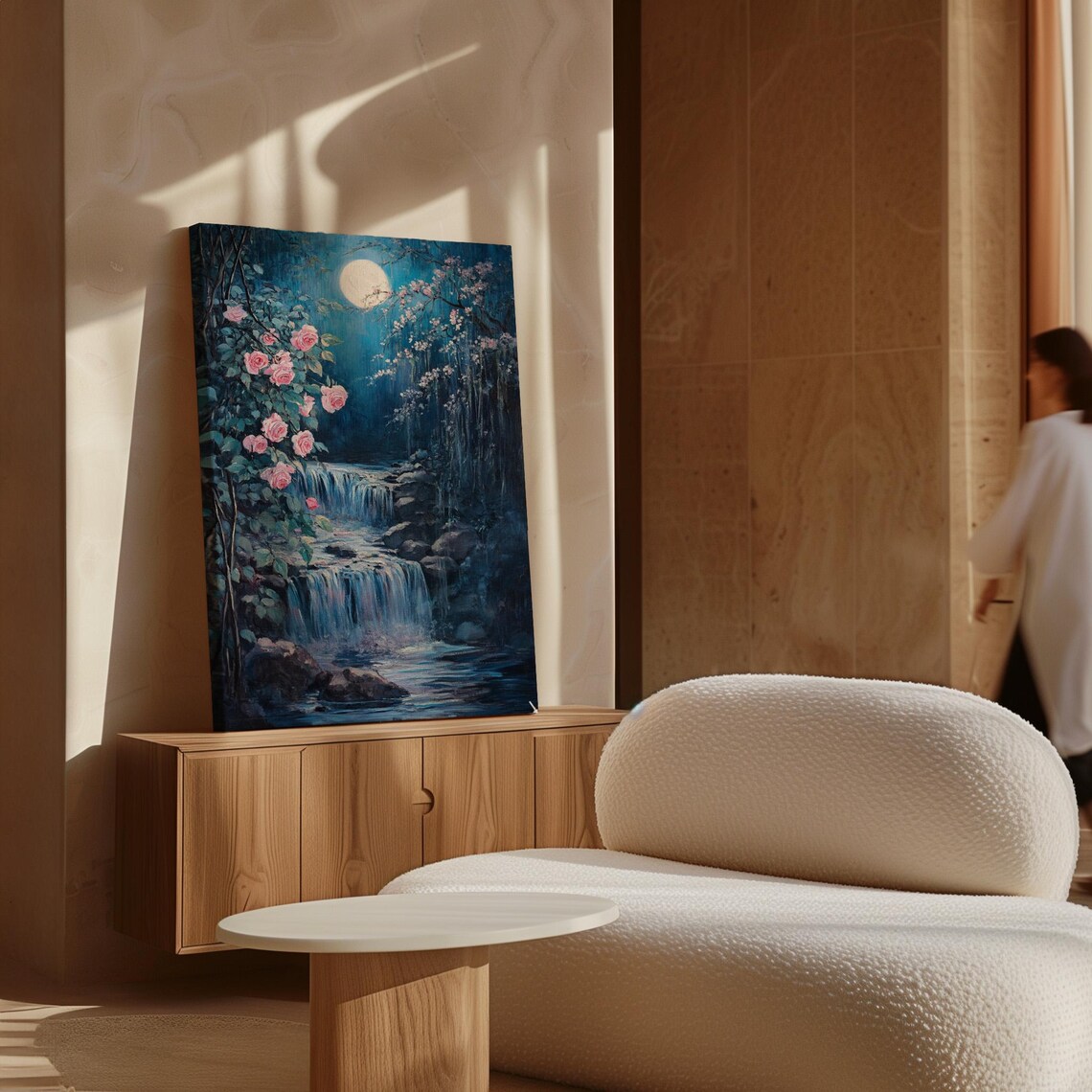 Moonlit Waterfall, Romantic Floral Night Scene - Image 6