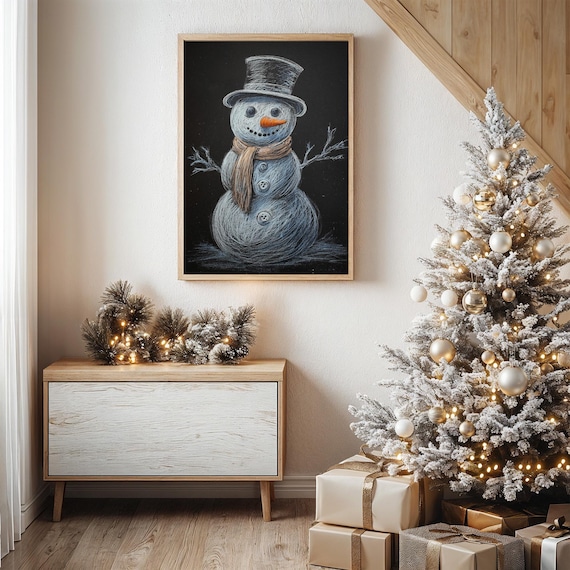 Chalkboard Style Snowman With Top Hat on Black Christmas Poster