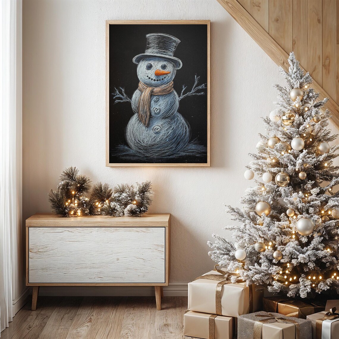 Chalkboard Style Snowman With Top Hat on Black Christmas Poster