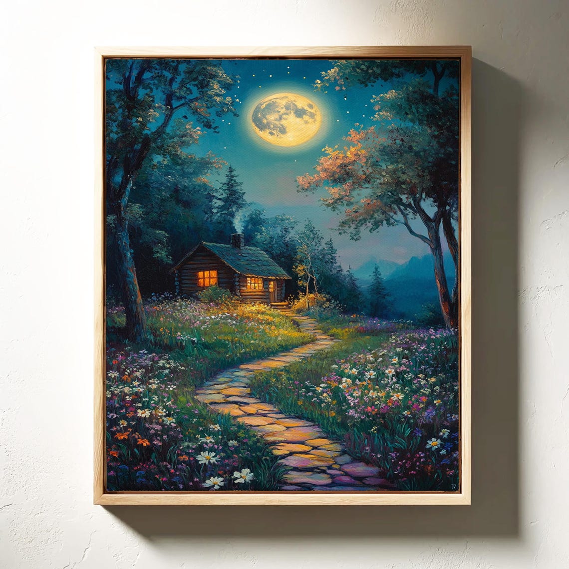 Moonlit Cabin Glowing Windows Stone Path Wildflower Night Poster - Image 6