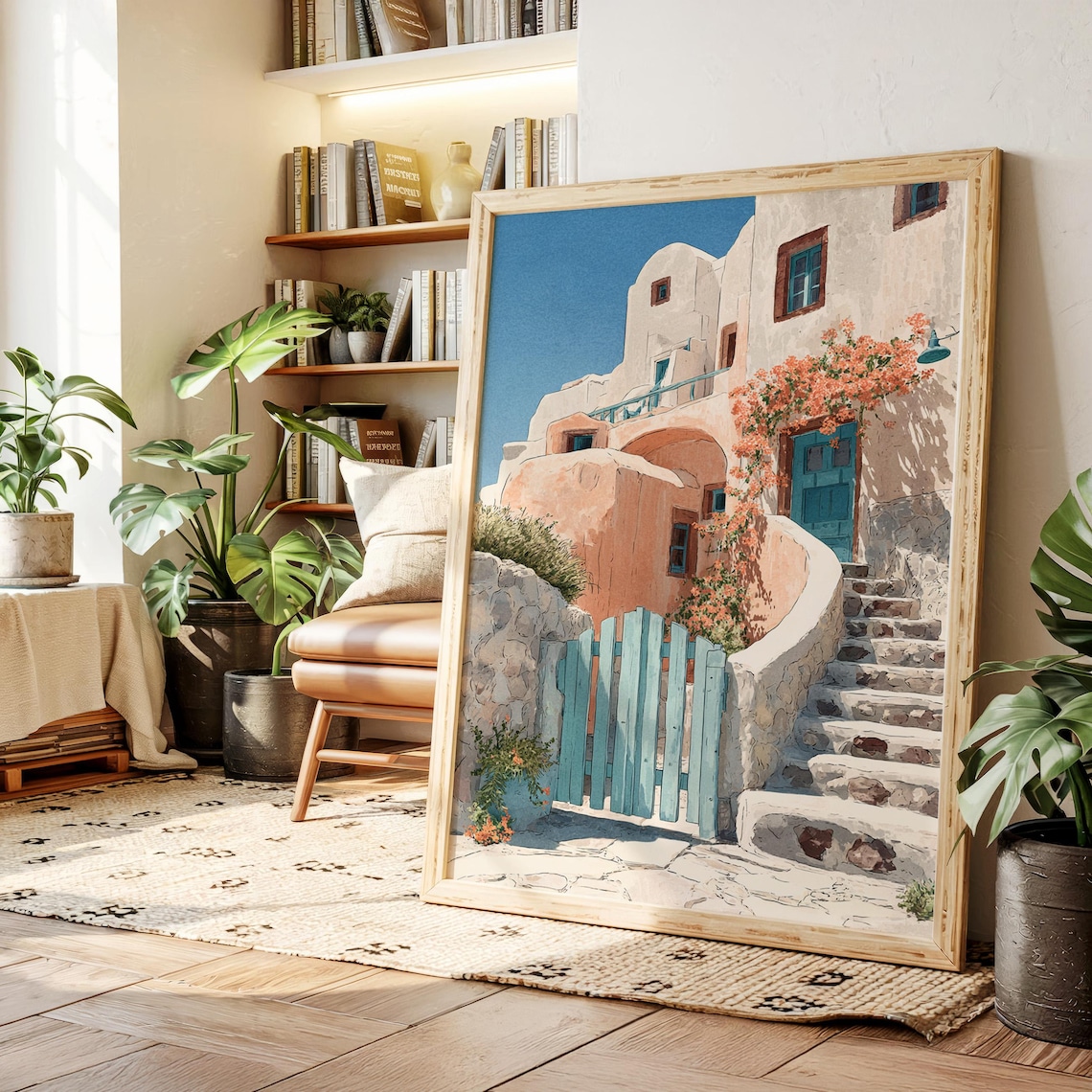 Mediterranean Villa Art Print, Santorini-Inspired Coastal Decor