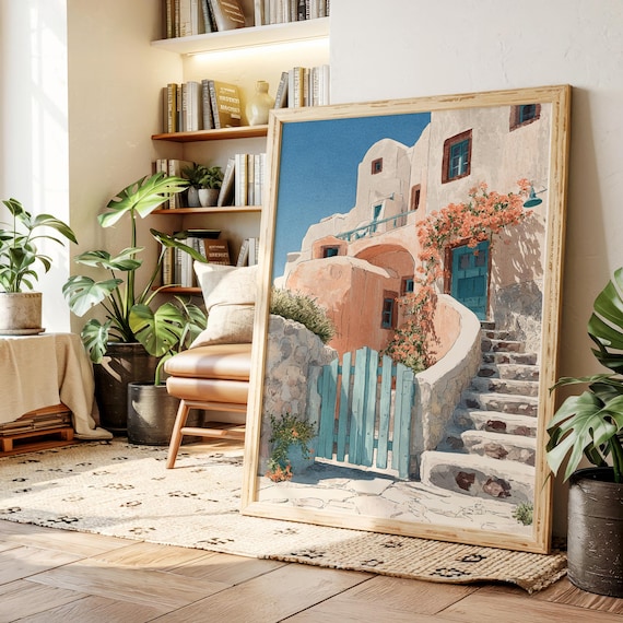 Mediterranean Villa Art Print, Santorini-Inspired Coastal Decor
