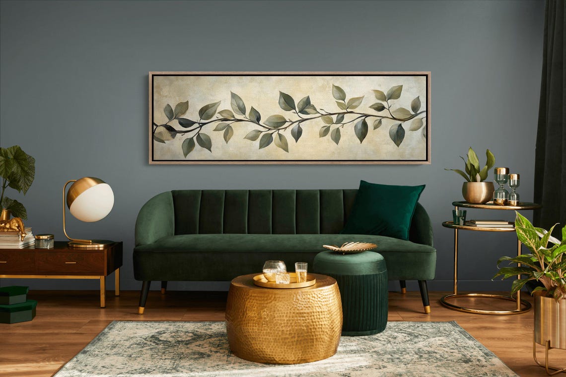 Elegant Leaf Branch On Cream Vintage Botanical Panoramic Wall Art - Image 4