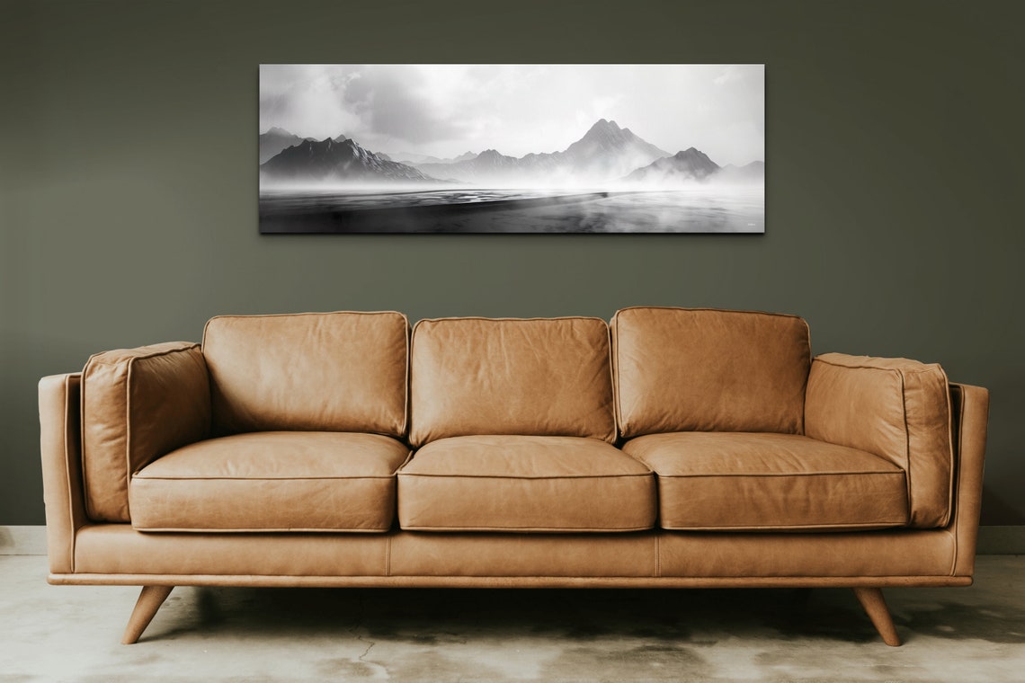 Black And White Moody Misty Mountains Over Still Water Poster - Image 4
