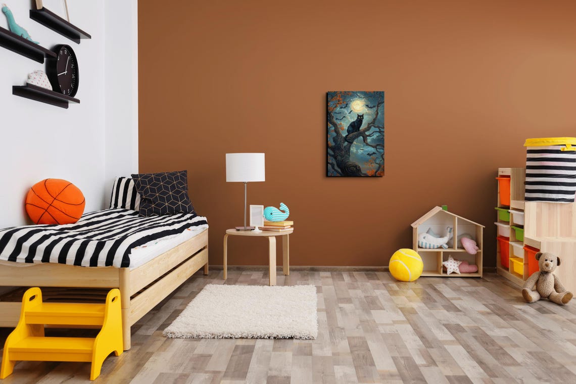 Black Cat in Gnarled Tree With Bats Under Harvest Moon Poster - Image 3
