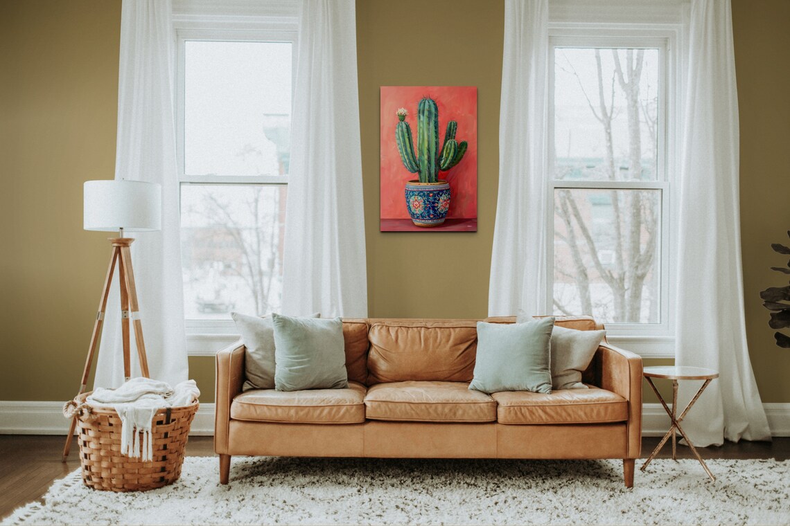 Potted Cactus Oil Painting Decorative Pot Coral Background Wall Art - Image 4