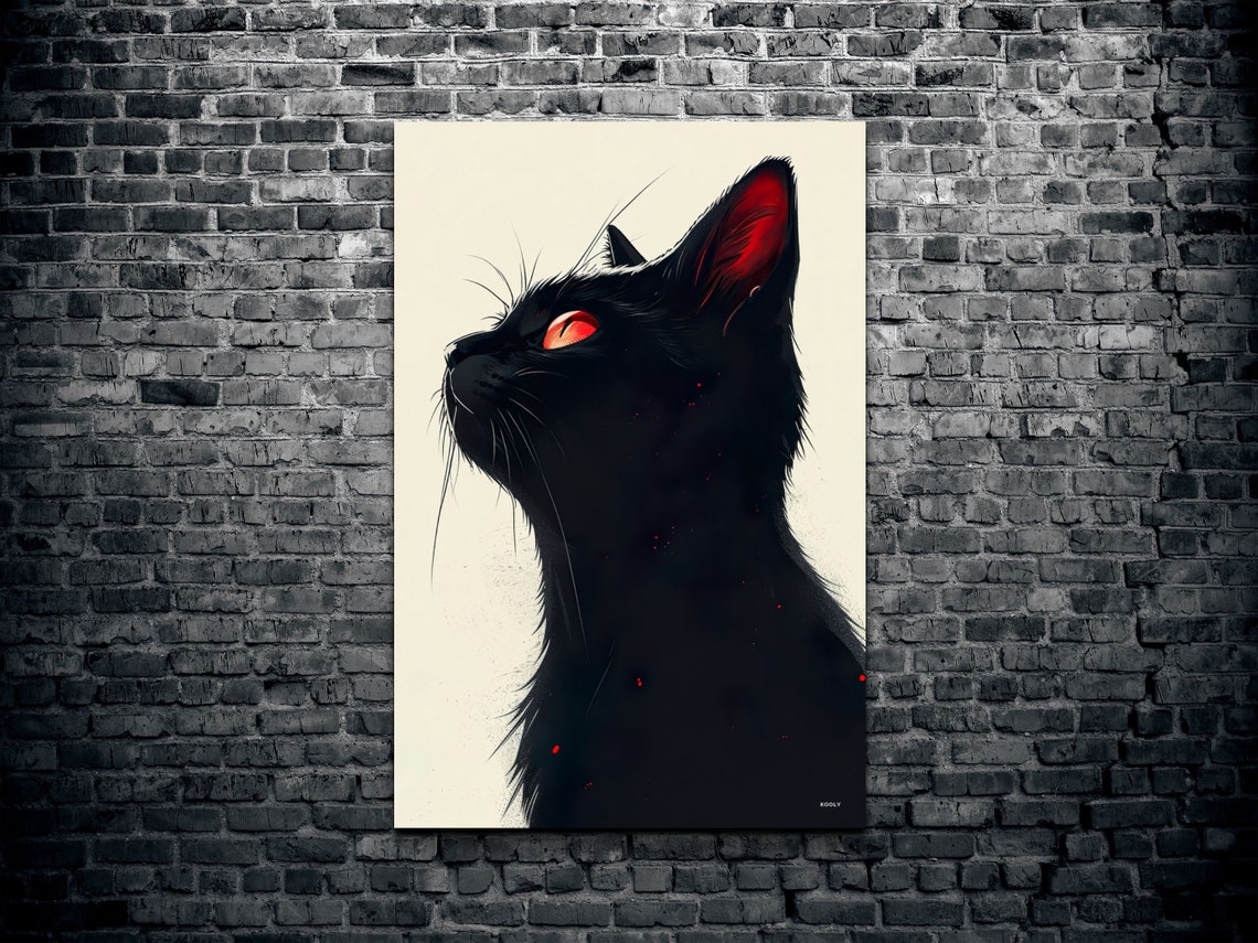 Minimalist Black Cat Silhouette Profile Red Eye Modern Wall Art - Image 2