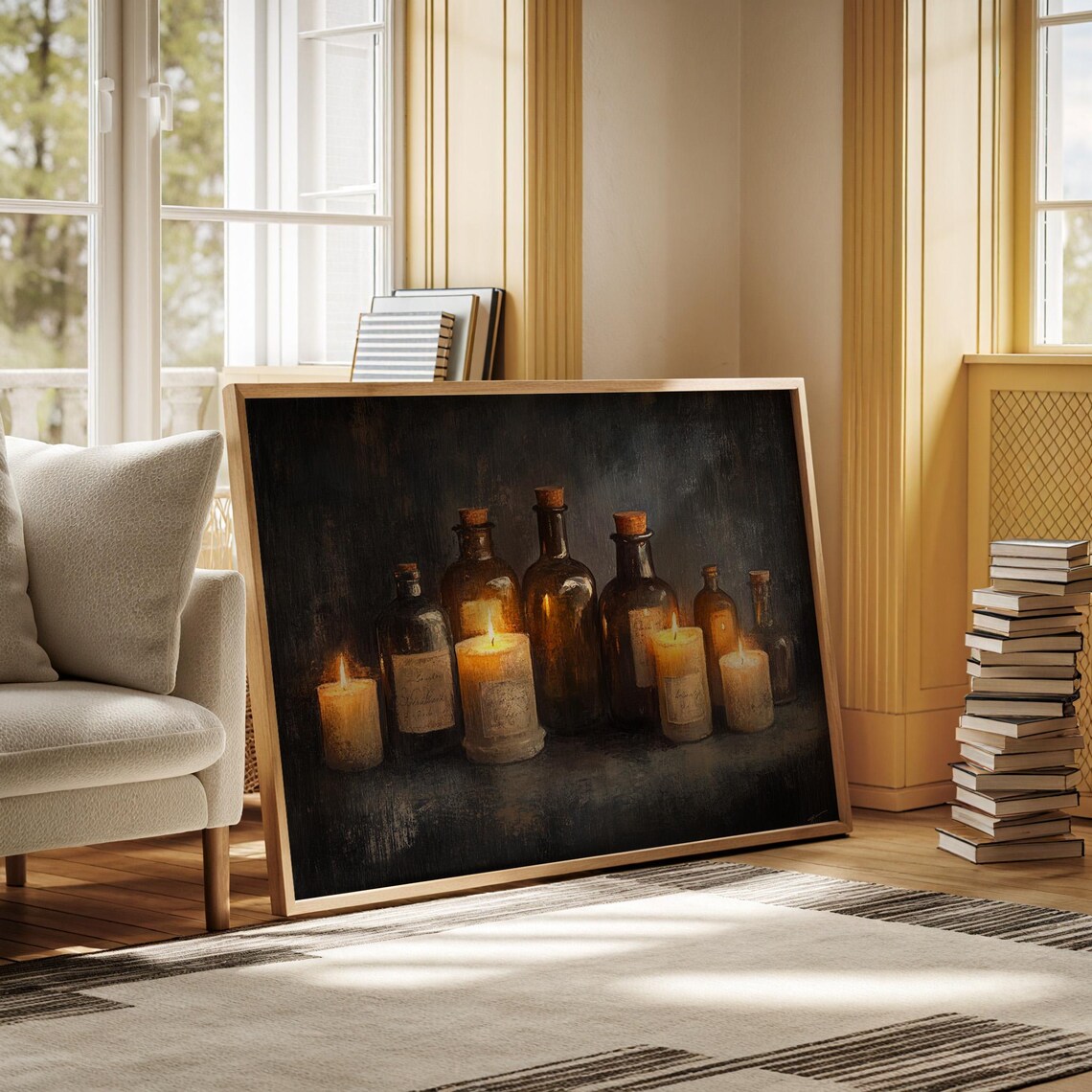 Amber Glass Bottles And Lit Candles Dark Moody Still Life Poster - Image 5