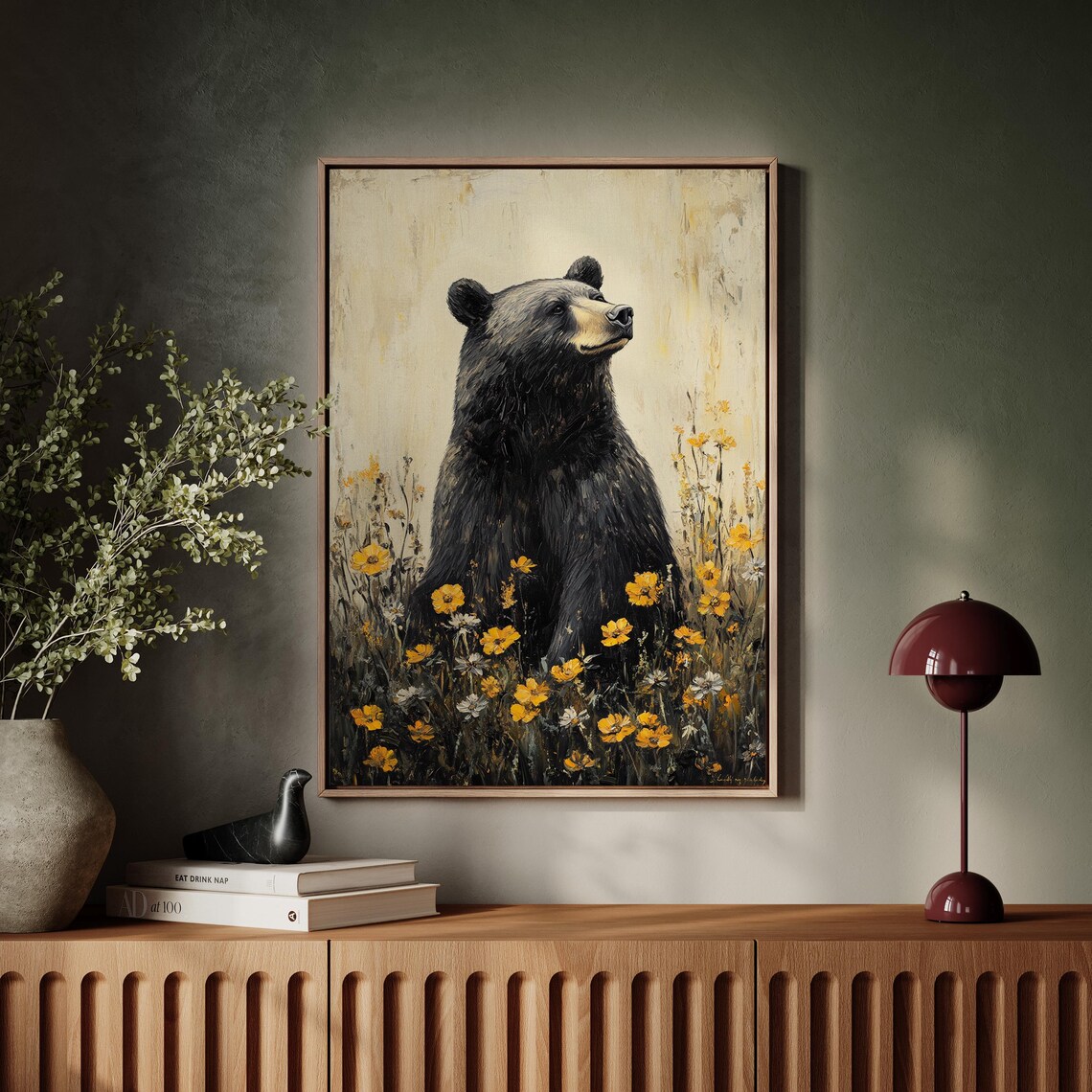 Black Bear Amid Golden Wildflowers Rustic Art Print - Image 7