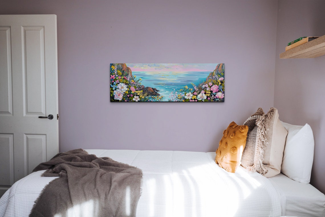 Ocean Cove Between Cliffs Framed by Spring Blossoms Panoramic Poster - Image 7