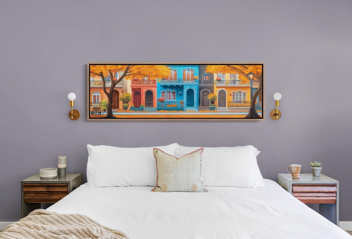 Charming Row Houses Fall Street Scene Vibrant Town Poster Decor - Image 5