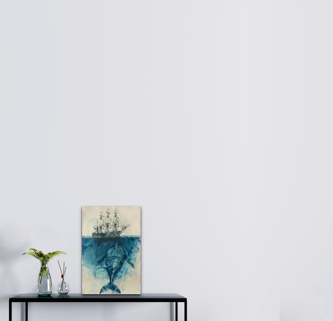 Whale Swimming Under Tall Ship Deep Blue Ocean Watercolor Poster - Image 4
