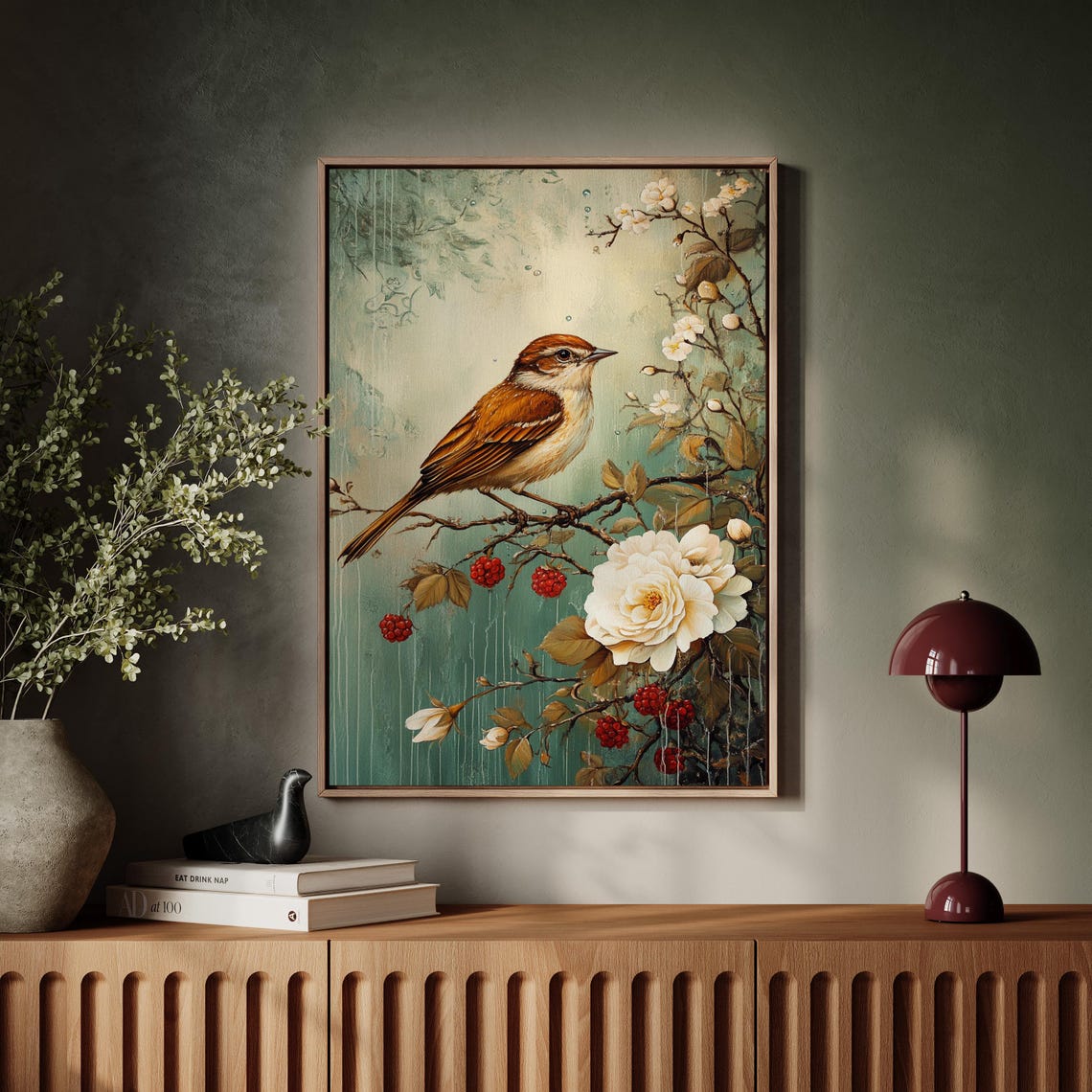 Songbird On Flowering Branch With White Rose Vintage Art Poster - Image 7