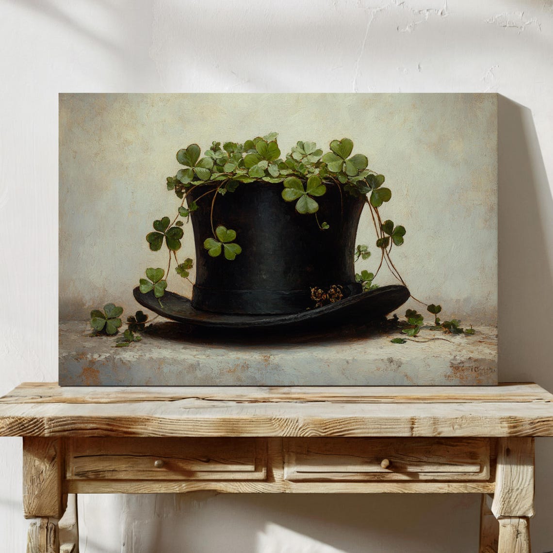 Clover Sprouting From Black Top Hat Vintage Still Life Wall Art - Image 3