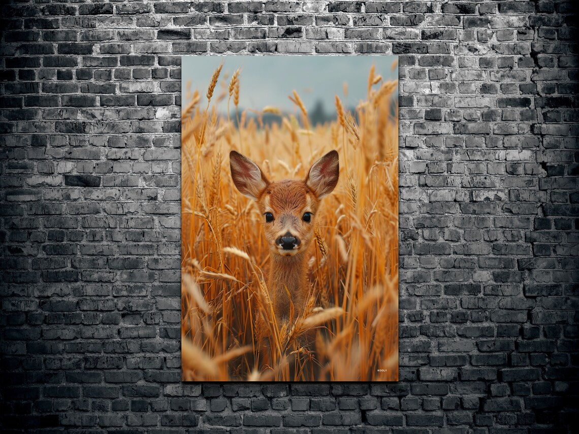 Baby Deer Fawn in Golden Wheat Field Wildlife Portrait Poster - Image 2