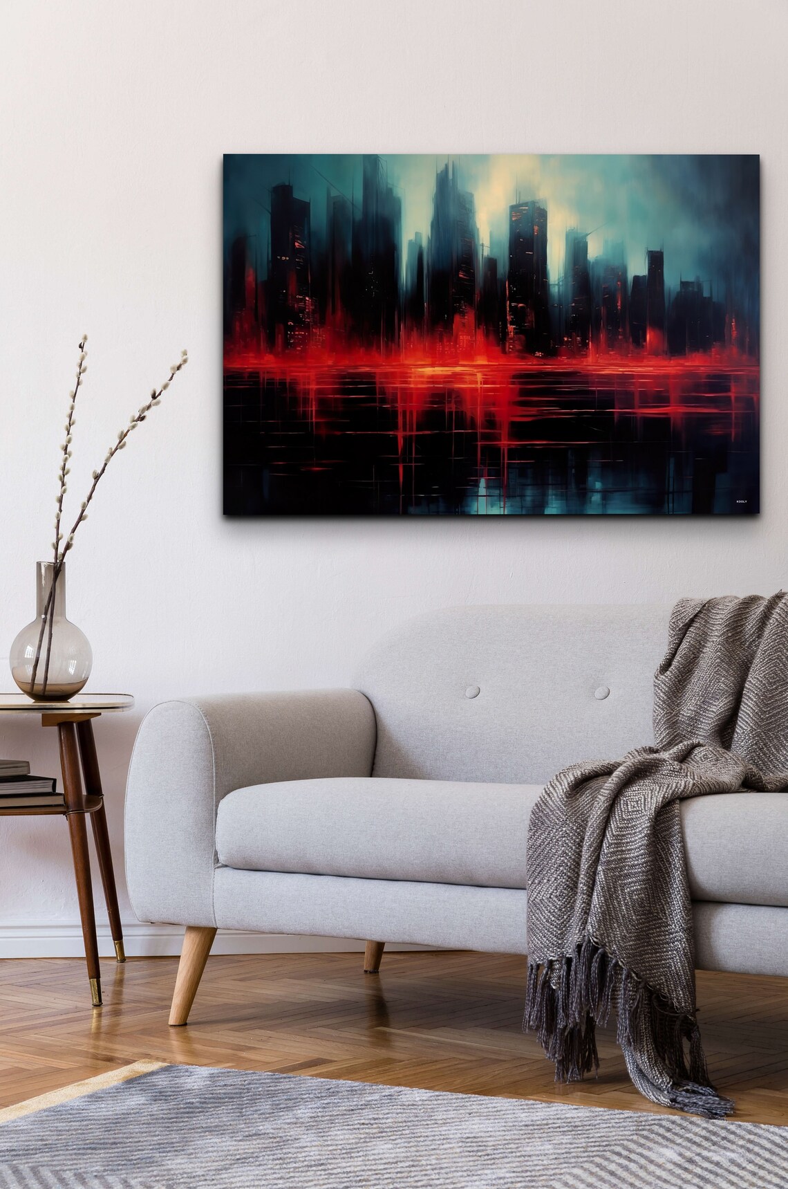 Abstract City Skyline At Night In Red And Teal Oil Style Poster - Image 4
